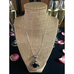 Sterling Silver Pendant Necklace – Onyx & Amethyst – Ornate Vintage Style – Ital